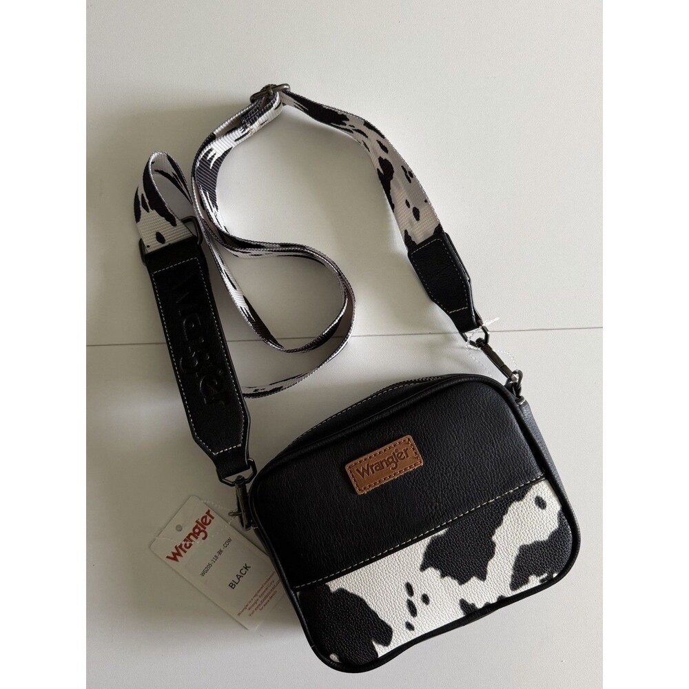 Wrangler  Black Cow Print Women Bag Crossbody Soft Leather Brown Logo Adjustable
